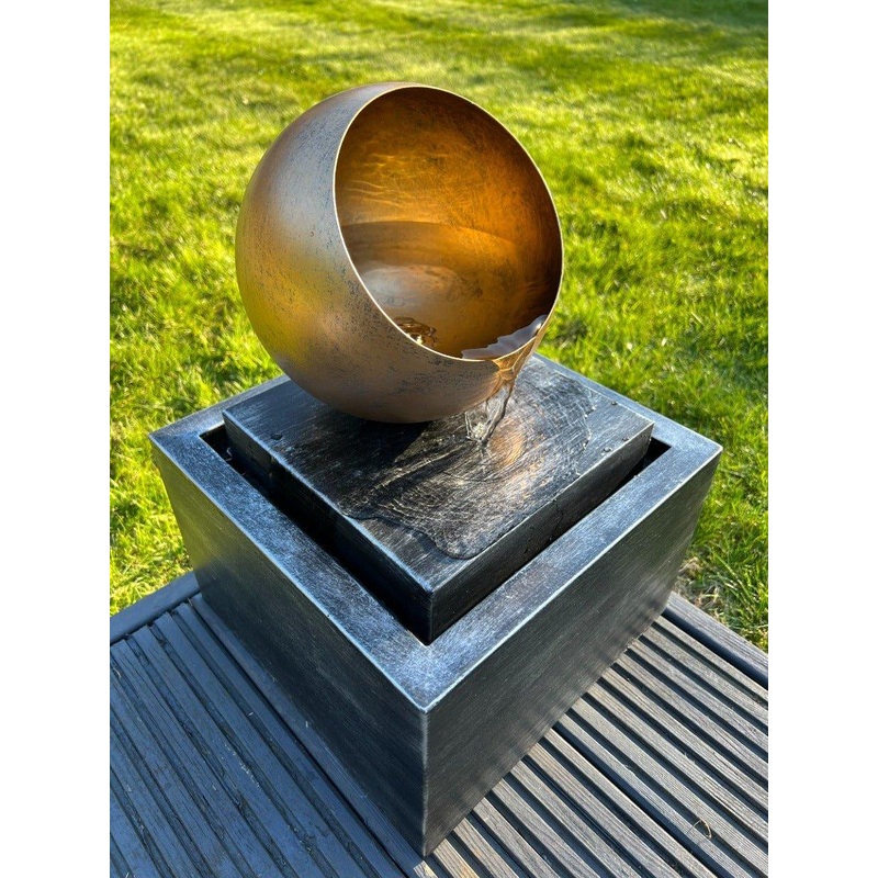 Golden Globe Box Light Water Feature with LED Lights - Solar Powered 29x29x40cm