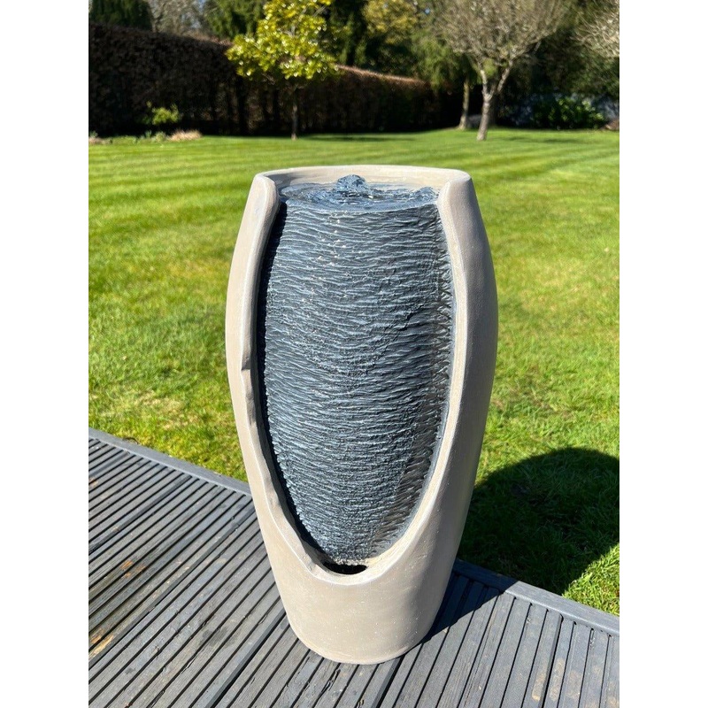 Open Vase White/Grey Water Feature with LED Lights - Solar Powered 27x25x50cm