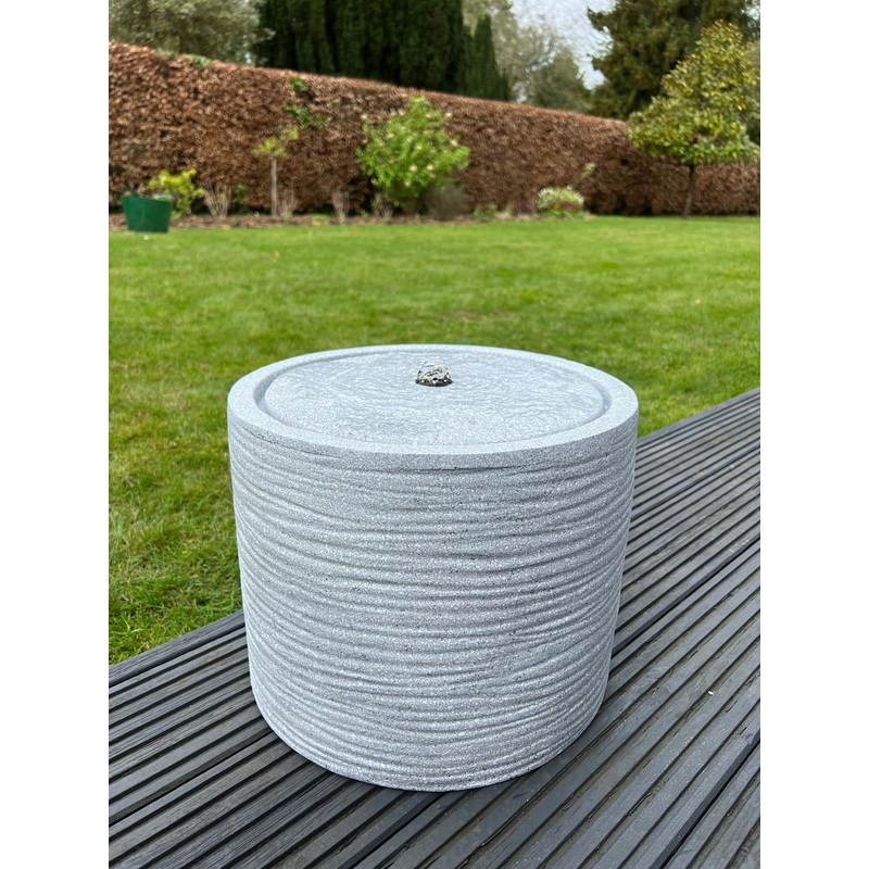 Round Water Feature with LED Lights - Plug Powered - Light Grey 36x36x28cm