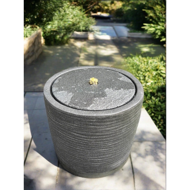 Round Water Feature with LED Lights - Solar - Dark Grey 36x36x28cm