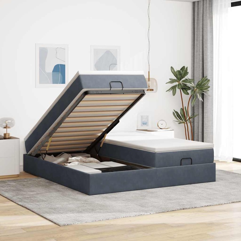 Cadre de lit ottoman avec matelas gris fonc 200x200 cm velours