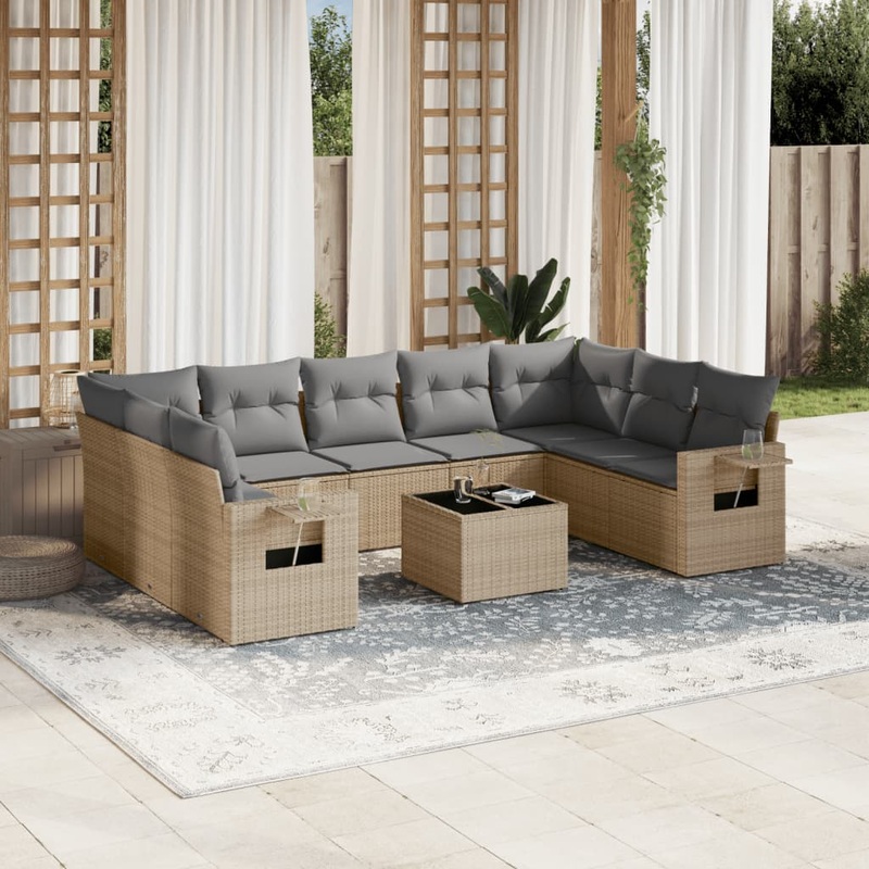 Salon de jardin avec coussins 10 pcs beige rsine tresse